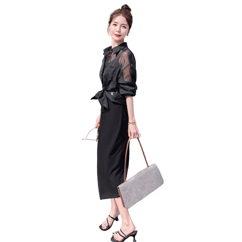 欧货开叉吊带连衣裙女2025年夏季新款高级感气质减龄防晒衬衫套装,女装套装/套裙,意芙
