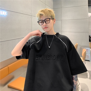 港风双则金属拉链钢印潮流短袖T恤男DT77788P45控59：供抖音视频图片