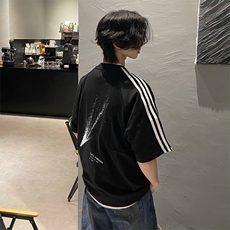 抖音得物高品质二开240克宽松纯棉美式潮牌三条杠织带短袖T恤，男装T恤，电商A486-1