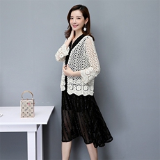 25-29周岁锦纶拼接纱网白色黑色杏色宽松开衫长袖常规V领通勤纯色，女装蕾丝衫/雪纺衫，婵米儿