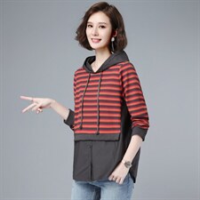 2021春装新款时尚条纹拼接宽松舒适休闲连帽卫衣，女装卫衣/绒衫，深水步