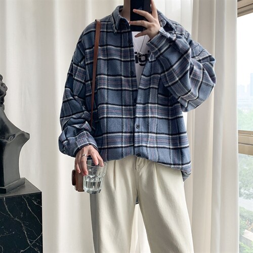 格子衬衫男韩版潮流秋季加厚毛呢衬衣港风痞帅潮牌外套DX128P65，男装衬衫，电商B413-1