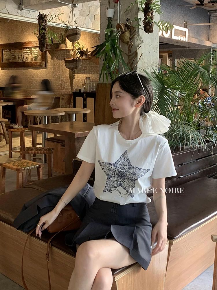 2025年新款幸运星纯棉重工刺绣星星T,女装T恤,湘姗