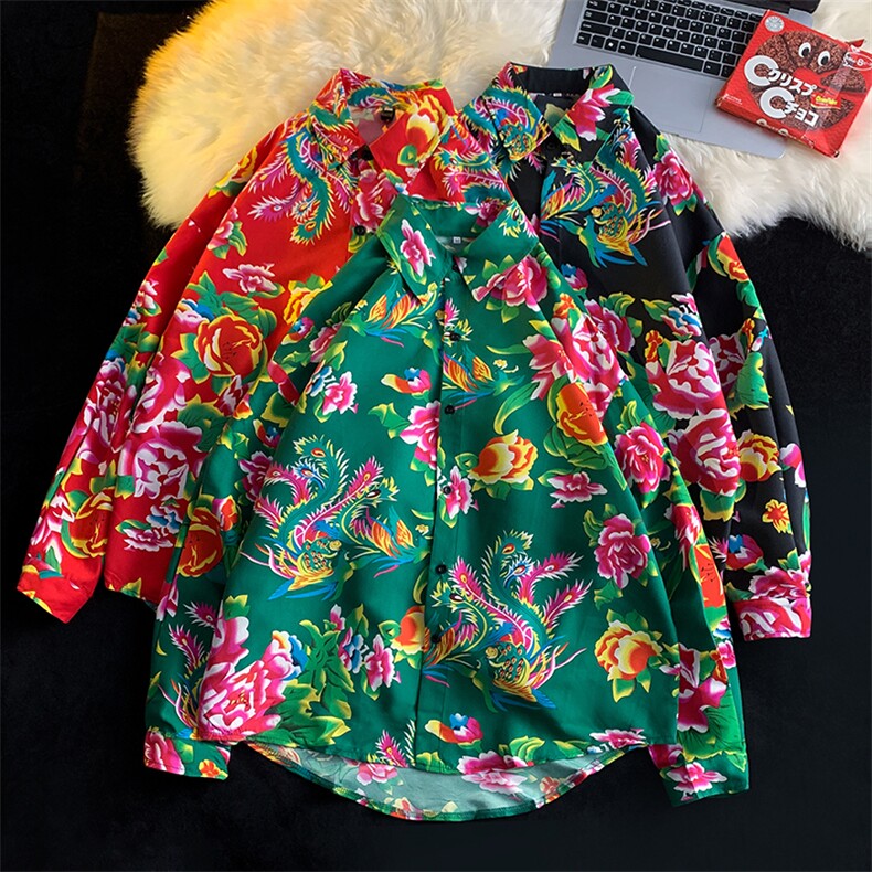 C203秋装长袖男士宽松东北大花港风衬衣外套民族特色牡丹花衬衣，男装民族服装，星座115A-1