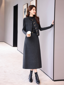 红色小香风毛呢马甲套装裙女2025春秋新款洋气打底衫半身裙三件套图片