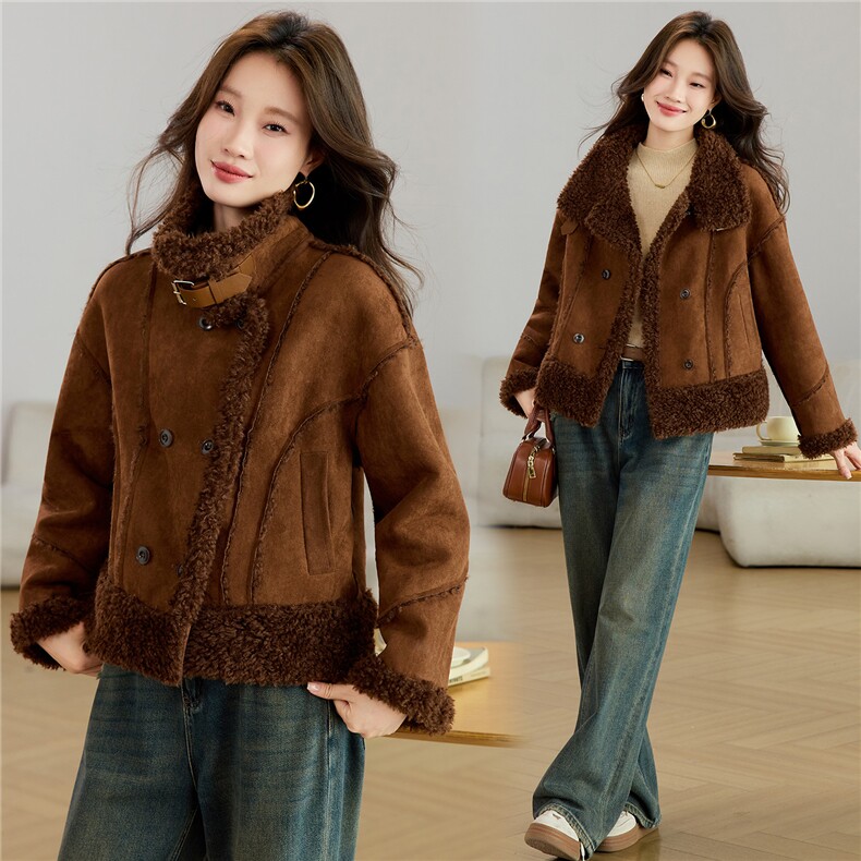 现货2025新款时尚洋气仿羊羔毛颗粒绒皮毛一体加厚保暖修身外套，女装羊羔毛/颗粒绒，木子恋