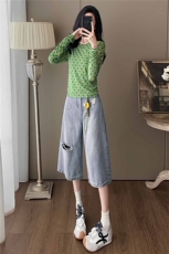 韩系减龄时尚套装女夏季新款绿色波点网纱上衣破洞牛仔中裤两件套，女装套装/套裙，江南