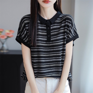 撞色POLO翻领条纹小飞袖T恤女2025夏薄冰麻洋气针织上衣T恤小衫潮图片