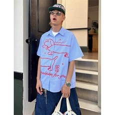 复古趣味腊肠狗印花条纹短袖衬衫宽松夏季情侣休闲衬衣CY22，男装T恤，星座1116A（原606A-3）