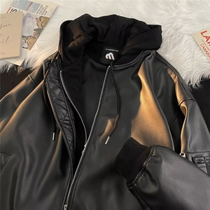 连帽皮衣男春季高级感痞帅美式高街宽松工装机车服外套W9221P75图片