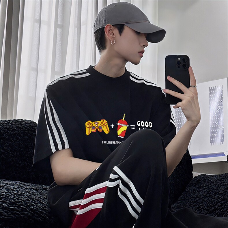 抖音得物高品质二开240克宽松纯棉美式潮牌三条杠织带短袖T恤图片