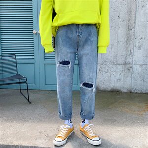 男士破洞牛仔裤秋冬季潮流百搭补丁长裤九分直筒裤子