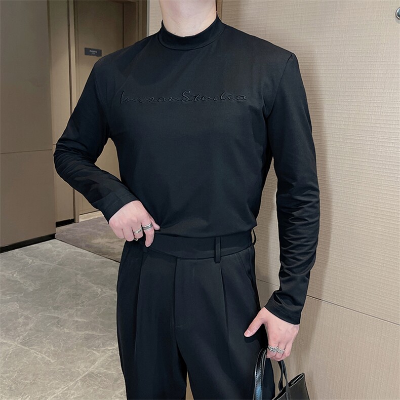 王嘉尔同款高弹显瘦修身长袖打底衫刺绣半高领T恤男潮TX1205-P50,男装T恤,电商B267