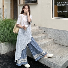 夏日女士慵懒风穿搭2025新休闲蕾丝拼接不规则上衣格纹阔腿裤套装，女装套装/套裙，2C232