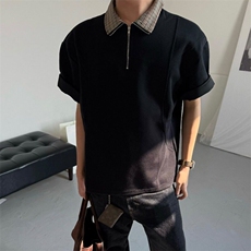 夏季美式复古拼接格子半拉链短袖t恤男女潮牌宽松休闲翻领polo衫，男装T恤，星座506A