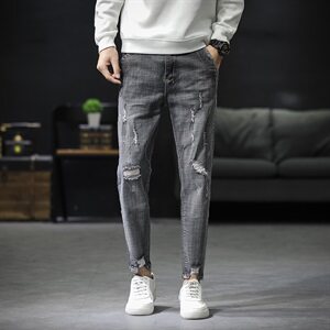 春秋主推 九分牛仔裤男修身韩版小脚弹力破洞休闲裤子图片