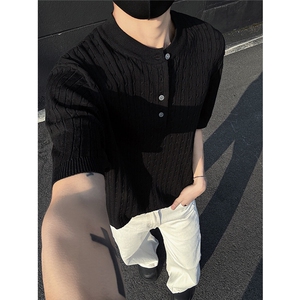 麻花状夏季针织纯色套头亨利领短袖T恤上衣男高级感polo衫 P40图片