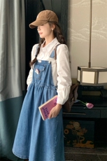 学院风牛仔连衣裙少女装秋季2025新款衬衣两件套学生背带裙子，女装连衣裙，2C218