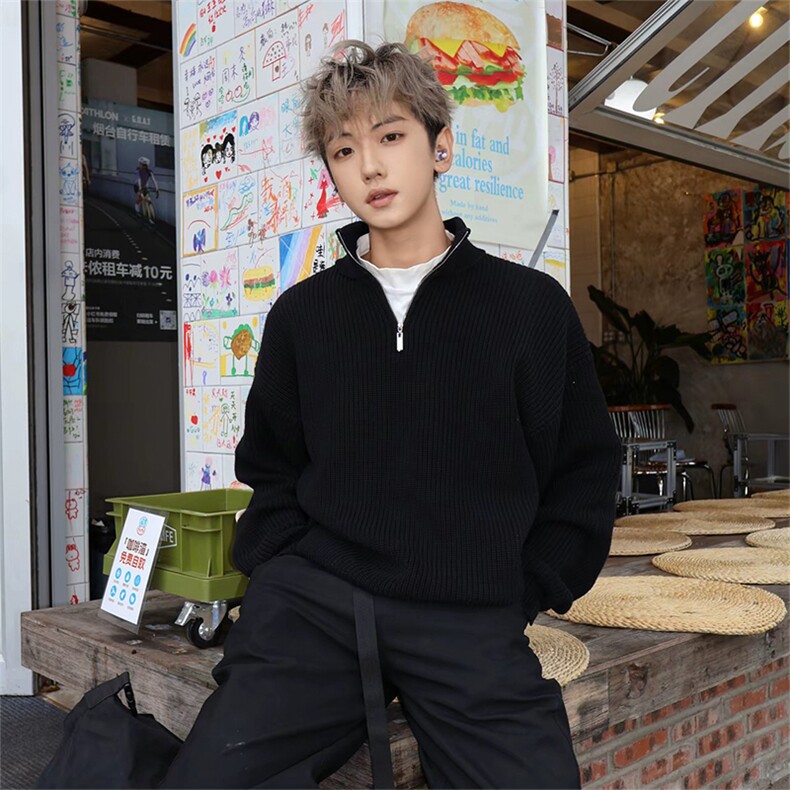 抖音得物保暖立领拉链针织外套秋冬宽松慵懒风纯色毛衣上衣AM01,男装针织衫/毛衣,电商A443