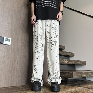 新款时尚豹纹牛仔裤春秋季复古休闲百搭直筒裤图片