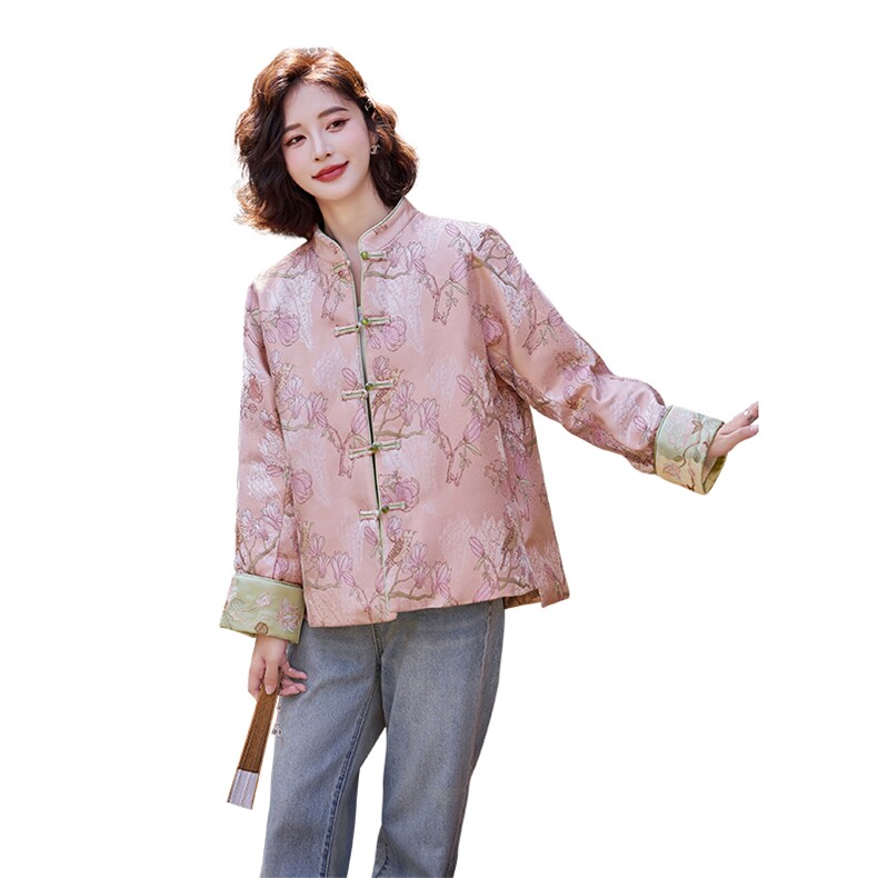 粉色新中式羽绒服女冬新款小个子复古盘扣刺绣白鸭绒外套,女装羽绒服,水衣源