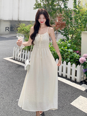 2025夏季新款小清新长裙子收腰显瘦超仙气质感时尚连衣裙套装，女装连衣裙，欣美人