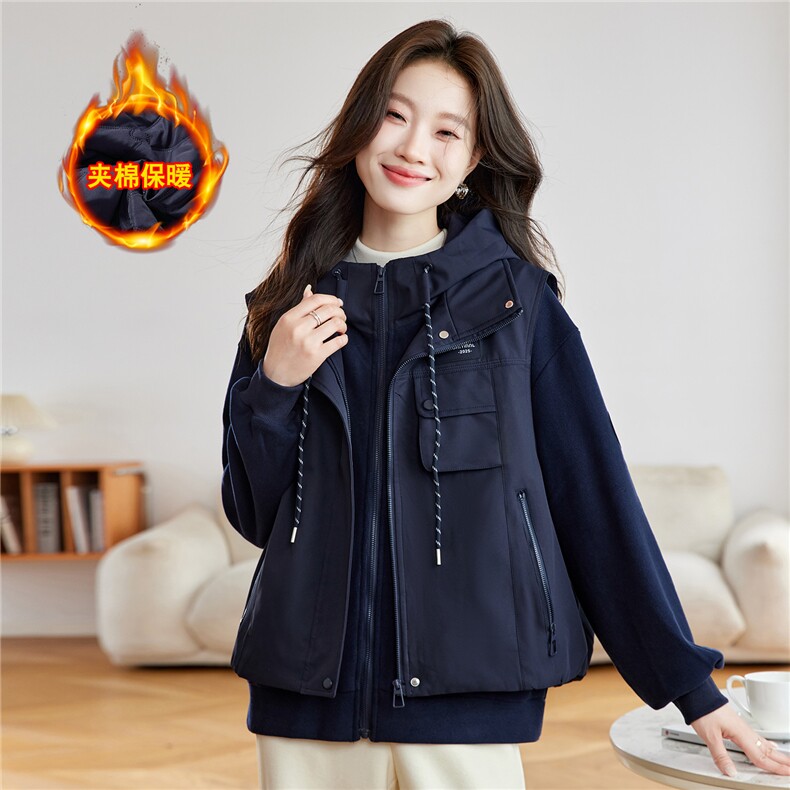 现货！2025冬季新款加棉加厚马甲两件套卫衣,女装棉衣/棉服,慕咨