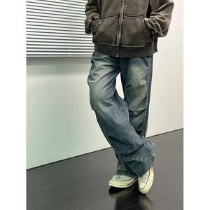 复古不规则褶皱设计感牛仔裤男小众痞帅欧美裤子款秋季NL513