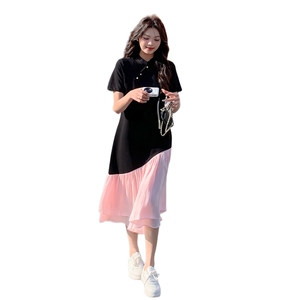 新中式国风减龄T恤拼接连衣裙女2025夏季新款收腰显瘦撞色长裙子图片