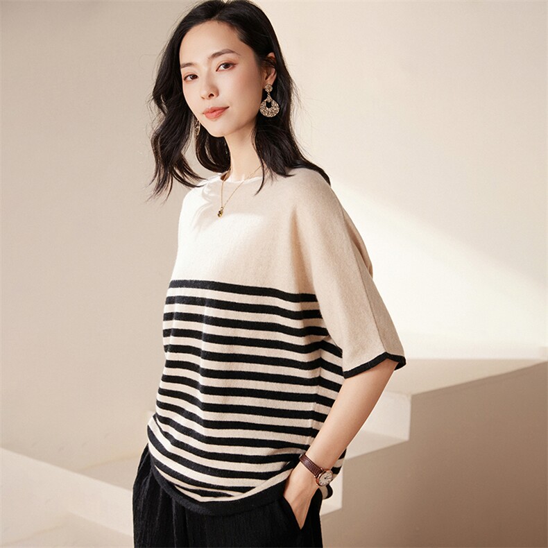 2025春秋新款羊绒衫女100纯山羊绒黑白条纹圆领休闲时尚针织衫,女装T恤,绒歆坊