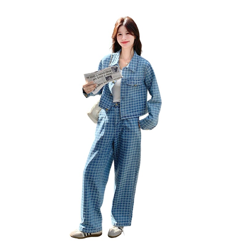 时尚小香风2026千鸟格牛仔套装女两件套A9027P175K248,女装套装/套裙,2C268