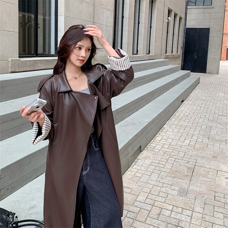 皮衣外套女软皮高级感超火2025秋新款休闲酷飒风中长款风衣皮夹克,女装风衣,2C025
