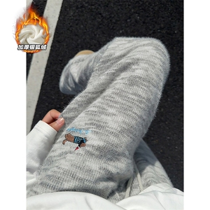 重磅腊肠狗刺绣休闲裤子男秋季潮牌银狐绒保暖宽松大码阔腿糯米裤图片