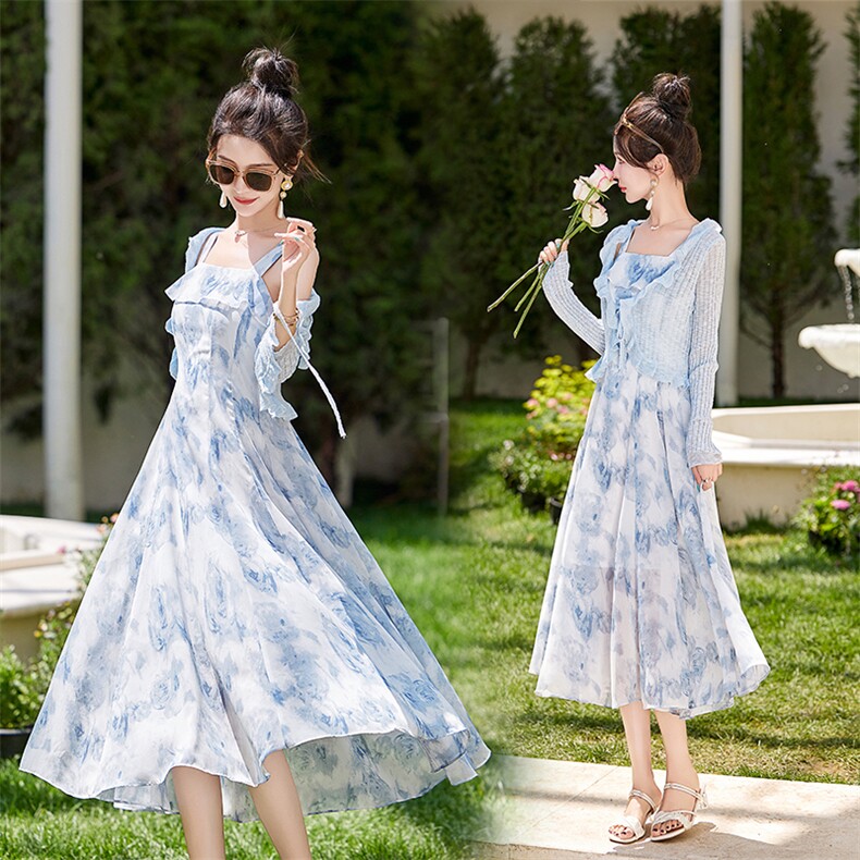 时尚碎花雪纺连衣裙套装女2024夏季新款洋气针织小衫吊带裙两件套，女装套装/套裙，曼琳思菲