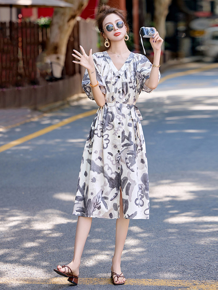 复古时尚艺术感印花连衣裙女2025夏季新款松弛慵懒风泡泡袖A字裙,女装连衣裙,半夏