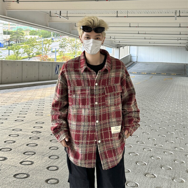 格子衬衫男春秋季复古百搭衬衣休闲宽松长袖开衫外套C27-P53,男装衬衫,星座715-4