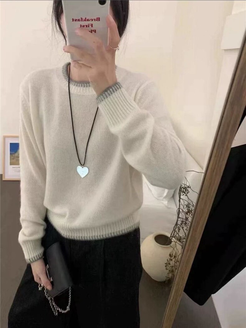 拼色圆领100羊毛衫女冬季新款软糯欧货高端针织打底毛衣百搭,女装羊毛衫,美轩羊绒