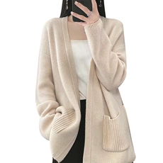 春秋新款100%毛开衫女v领中长款外搭宽松腰带毛衣羊绒针织外套，女装针织衫/毛衣，萱芳婷羊绒