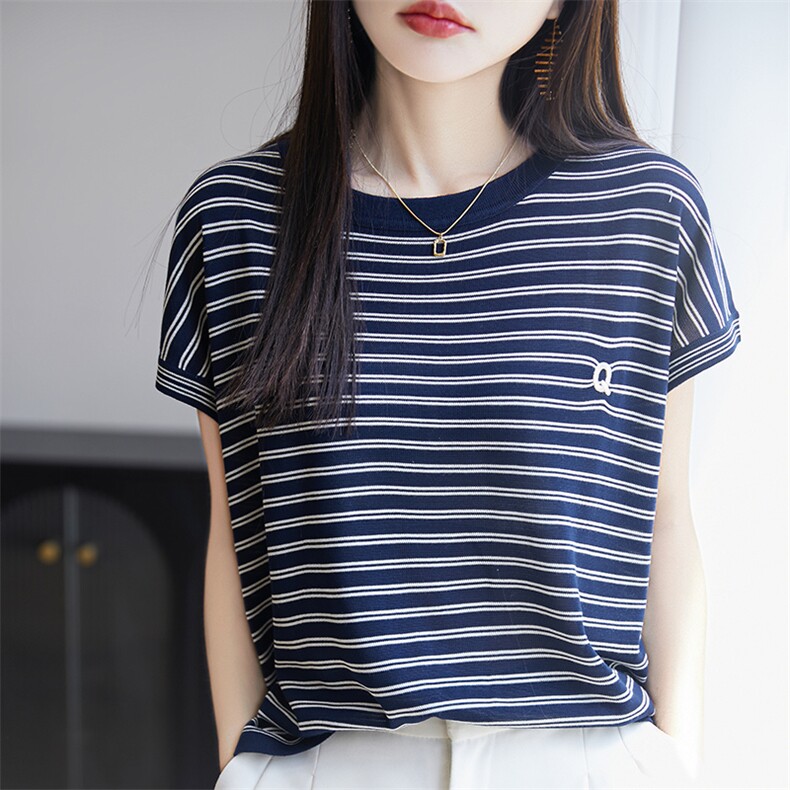 夏季圆领撞色条纹莱赛尔天丝刺绣字母短袖T恤女套头针织半袖上衣,针织衫/毛衣,郡淞羊绒