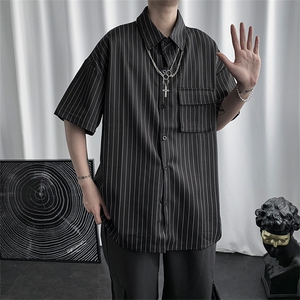 男百搭外套ins港风宽松竖条五分袖衬衣夏季条纹短袖衬衫 W648-P35图片