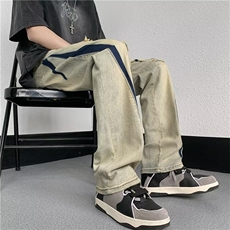 美式ins牛仔裤男高街潮牌复古直筒阔腿撞色设计感长裤NT033-P48，男装牛仔裤，星座1008