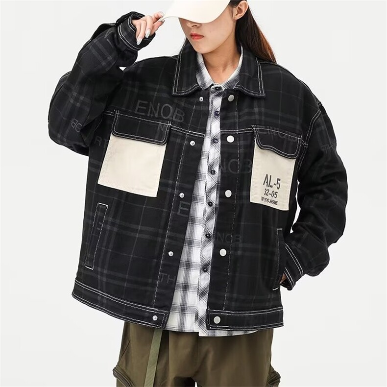 牛仔夹克工装口袋中性字母印花条纹贴布外套大码M-4XL JK8037 P65图片