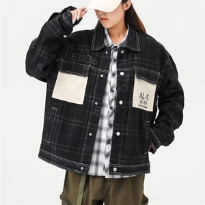 牛仔夹克工装口袋中性字母印花条纹贴布外套大码M-4XL JK8037 P65图片