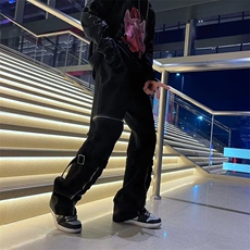 黑色休闲男夏季宽松潮流高街重磅阔腿侧拉链直筒工装裤KK167-P45，男装工装外套，星座911-3
