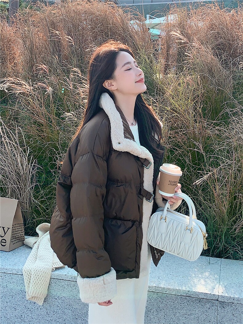 羊羔毛领美拉德短款羽绒服女冬季2025新款小个子高级流行设计小众,女装羽绒服,艾米莉亚