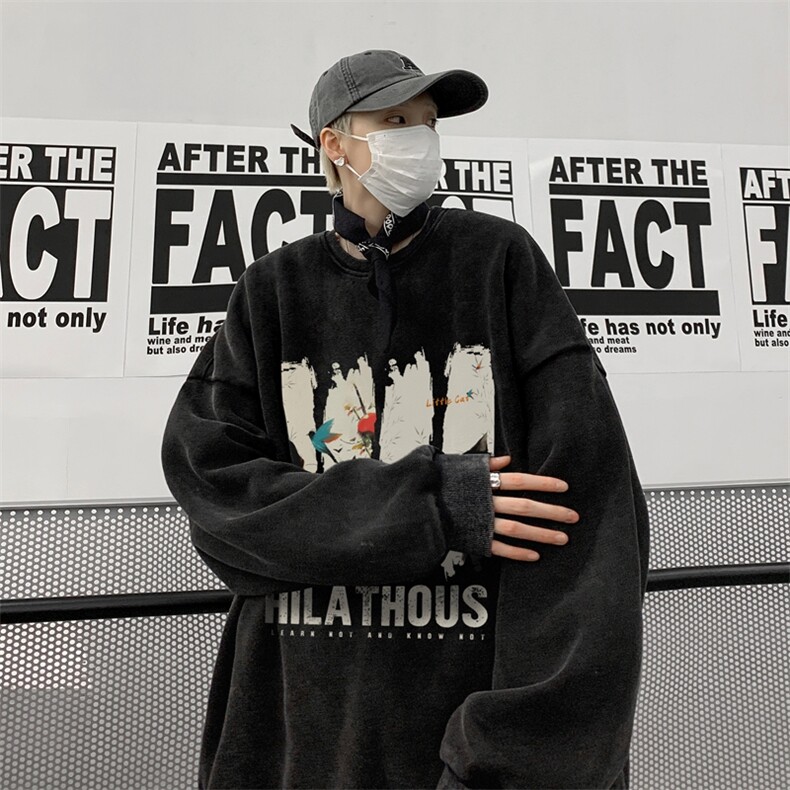 重磅水洗纯棉硬挺长袖T恤男秋季潮牌猫咪印花宽松情侣内搭打底衫,男装卫衣,星座517A-2