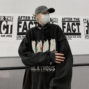 重磅水洗纯棉硬挺长袖T恤男秋季潮牌猫咪印花宽松情侣内搭打底衫图片