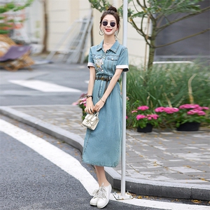 夏季新款韩版小个子胖mm大码中长款短袖宽松牛仔连衣裙子女士薄款图片