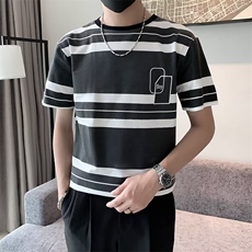 痞帅T恤男短袖夏季修身中袖条纹体恤设计感上衣服潮流半袖G42，男装T恤，星座1116A-2（原606A-1）