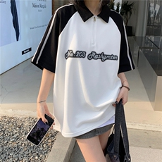 情侣装夏季新款潮字母印花拼接撞色POLO衫学院宽松T恤D273P48，男装T恤，电商A335-1（原A458）